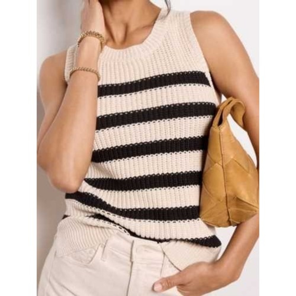 John + Jenn Sweater Tank Small Cream Black Striped Cotton Knit Sleeveless Top
